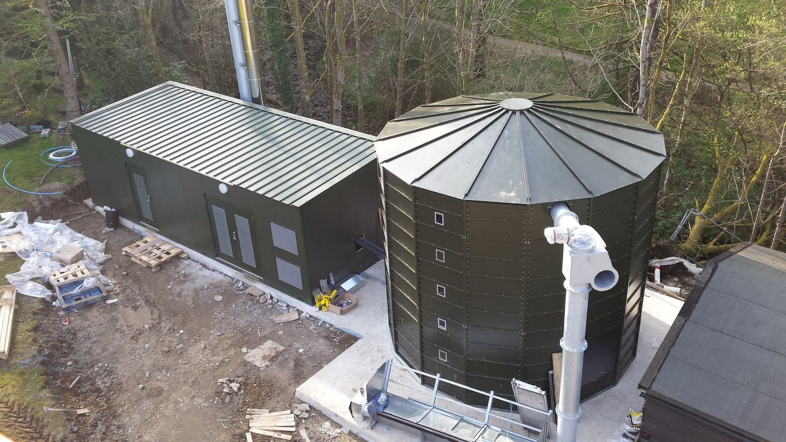 Cylindrical wood chip silo installed at Ardentinny, near Dunoon, Scotland