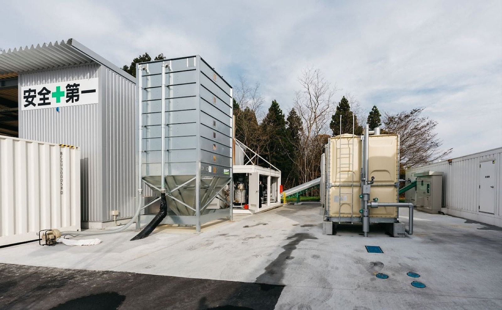 Square wood pellet silo installed at Tanagura, Fukushima, Japan
